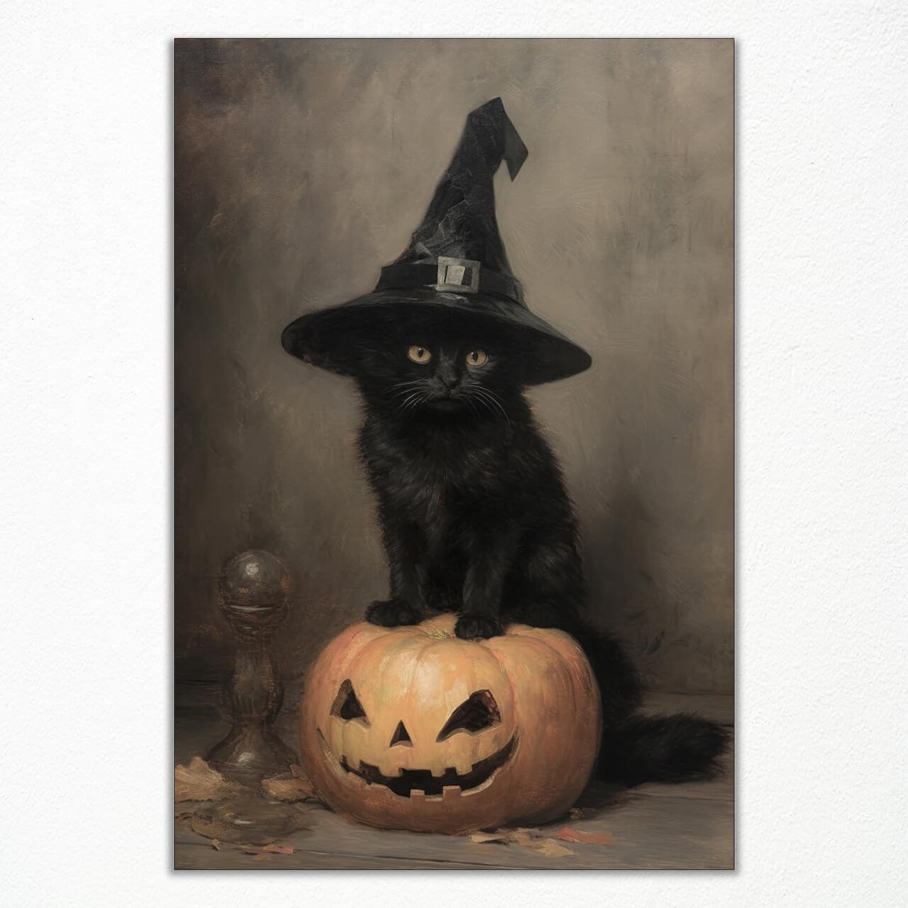 Vintage Halloween Canvas Wall Art – Cute Black Cat Witchy Print Poster, Retro Funny Lighted Pumpkin, Victorian Gothic Wiccan Artwork, 12x16in Unframed